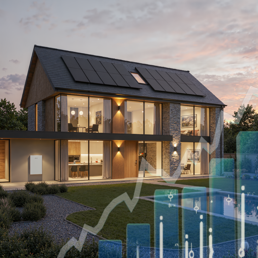 Home using a solar battery storage system with smart energy management capabilities